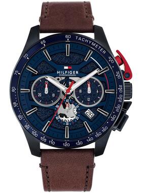 代购TOMMY HILFIGER男士腕表计时夜光日期测速皮带钢壳蓝盘44mm