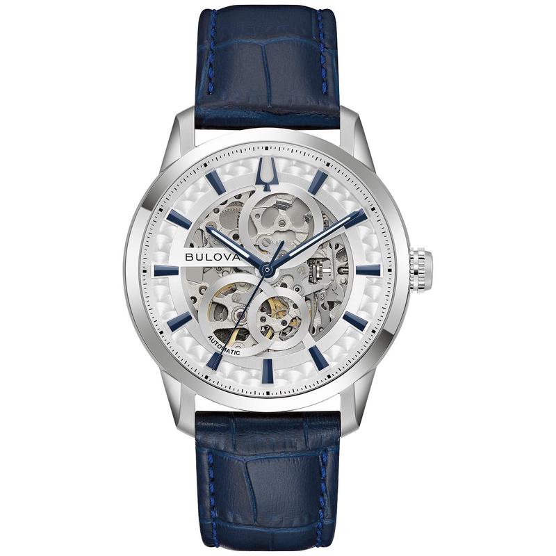 代购BULOVA宝路华男士腕表自动上链夜光日期防水皮带钢壳蓝面