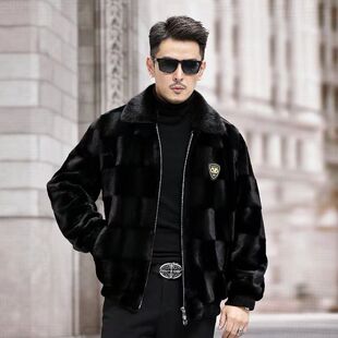 貂皮大衣男宝嘉美水貂整貂皮草海宁皮衣冬季 翻领夹克裘皮外套金貂