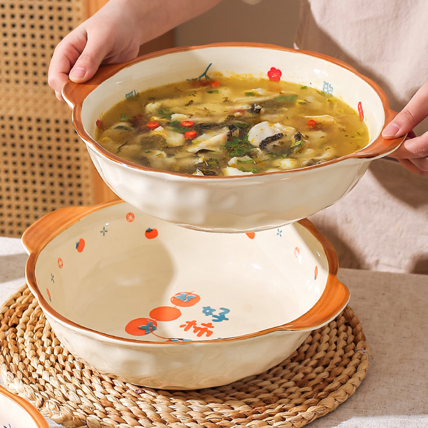 高颜值酸菜鱼水煮鱼大盆碗家用大号汤盆双耳陶瓷大碗汤碗2025新款,餐饮具,碗,淘宝优惠券,粉丝福利购,淘宝优惠卷