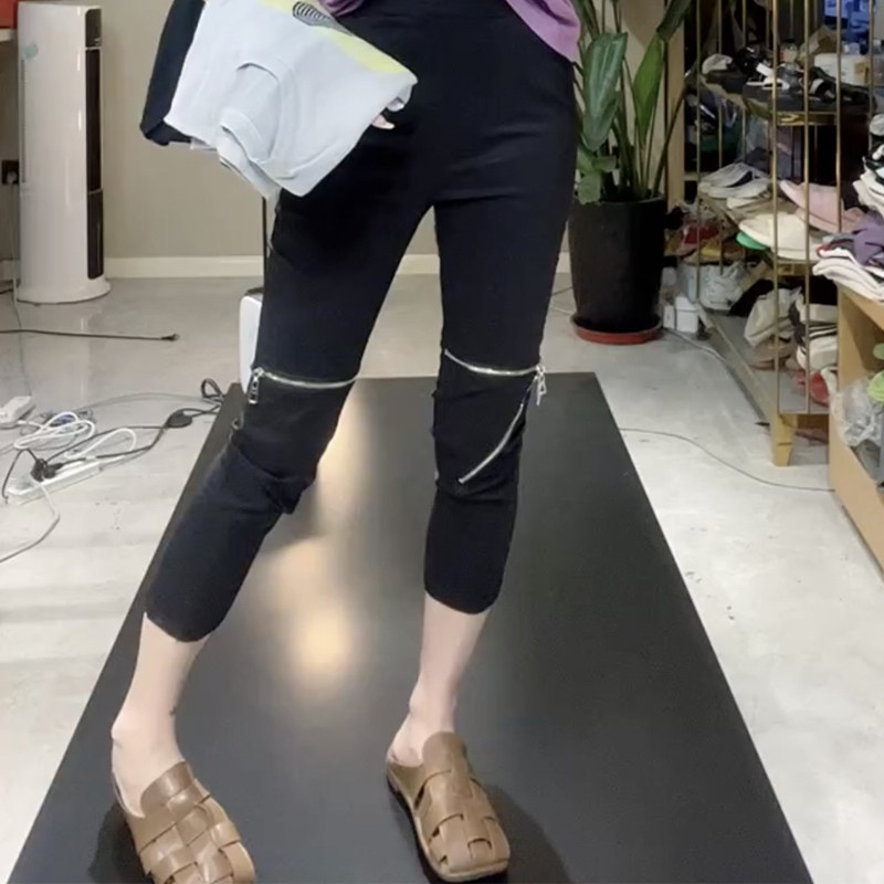 韩版多拉链纸皮裤女松紧腰显瘦百搭修身小脚裤个性时尚弹力七分裤