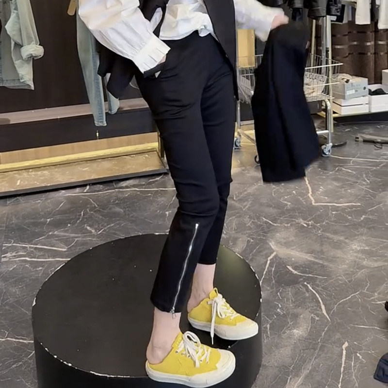 欧货春夏新款侧拉链七分打底裤女高腰显瘦修身弹力面膜直筒小脚裤