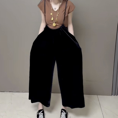丝绒背带裤女直筒阔腿九分裤