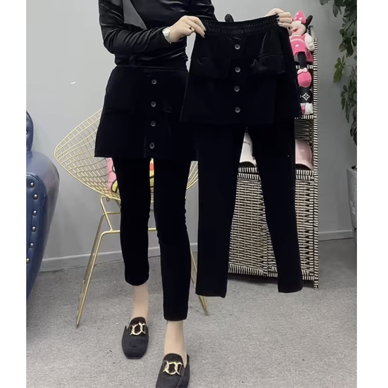 2023年秋冬新款金丝绒假两件围裙裤女多纽扣显瘦弹力百搭小脚裤