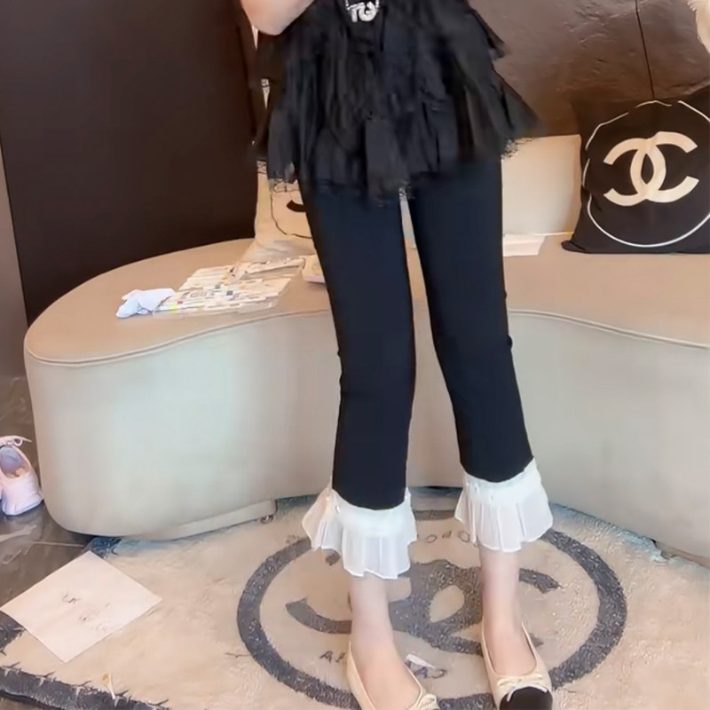 欧货2025春夏新款雪纺网纱花边拼接喇叭裤女弹力显瘦九分休闲裤子