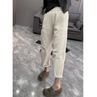 欧货2016春季新款高腰宽松九分休闲裤女显瘦软糯风米白色哈伦裤子