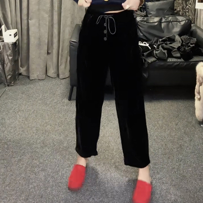 纽扣丝绒裤女显瘦休闲哈伦裤