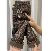 饰宽松显瘦百搭九分休闲裤 欧货秋冬加绒豹纹涂层直筒裤 女卡扣装 子