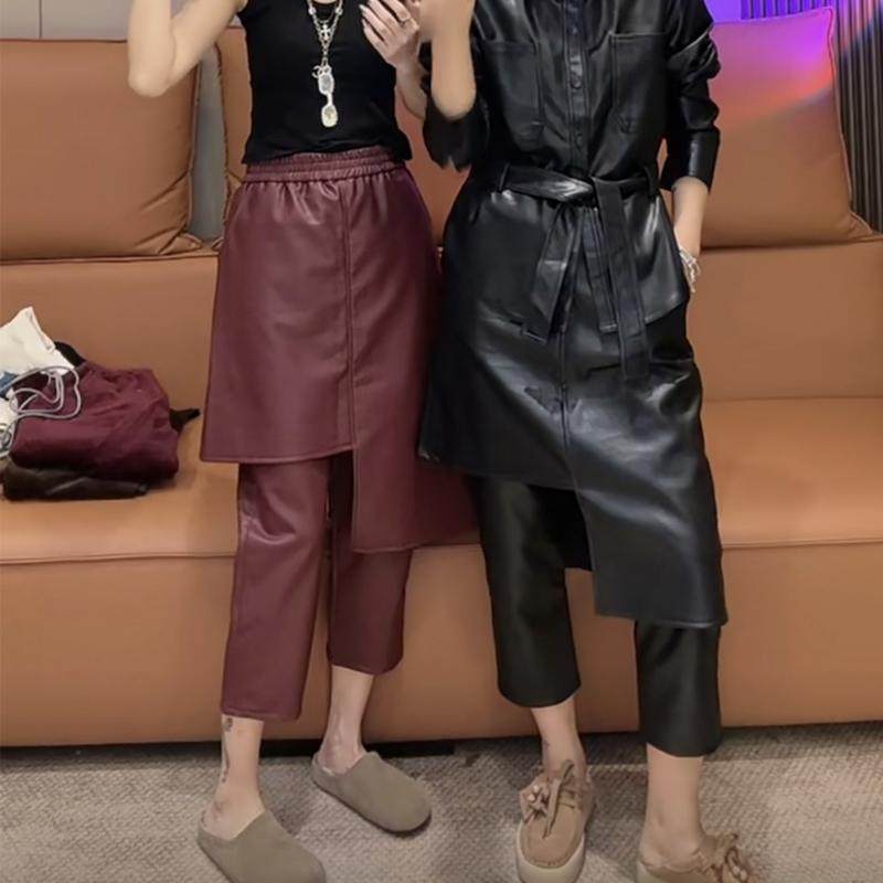 欧货秋冬pu皮围裙裤女松紧腰宽松百搭不规则假两件个性八分直筒裤