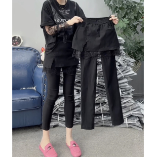 女松紧腰弹力显瘦铅笔百搭小黑裤 欧货2026春夏新款 双层蕾丝围裙裤