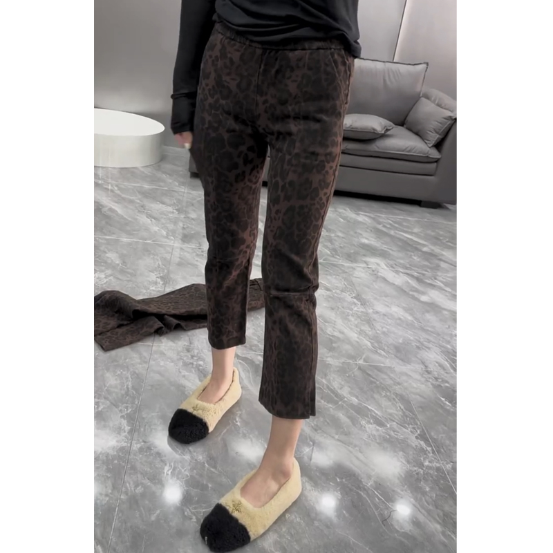 松紧腰直筒豹纹欧货侧开叉九分