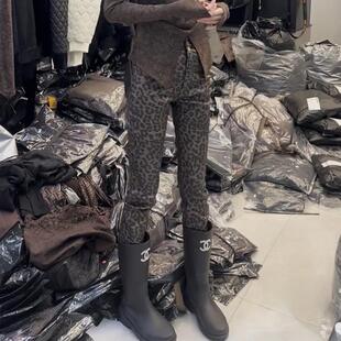 秋冬新款豹纹打底裤女高腰显瘦多纽扣外穿铅笔裤加绒洋气九分靴裤