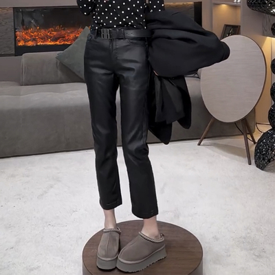 后兜涂层皮裤直筒裤九分休闲裤子