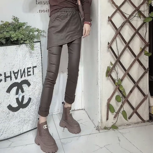 2025年秋冬新款假两件休闲涂层裤女欧货洋气显瘦弹力围裙小脚裤子