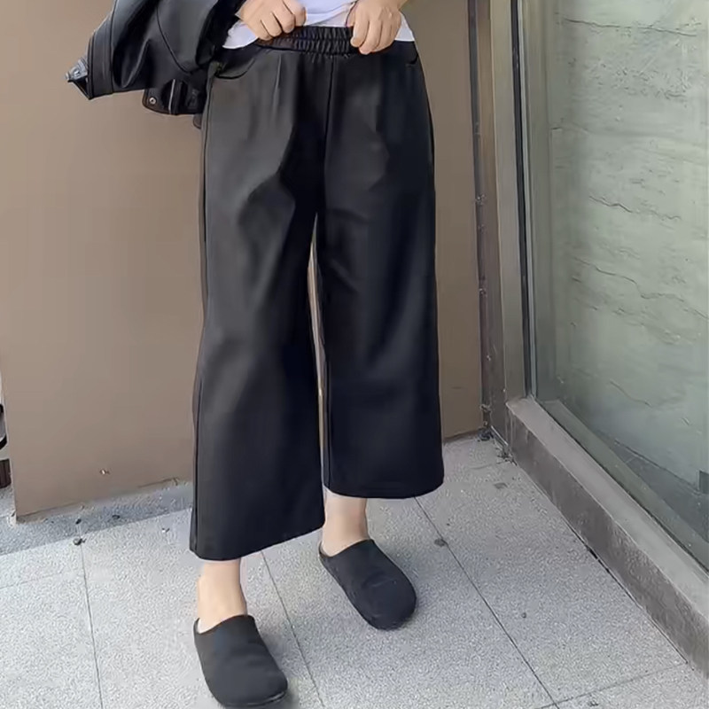 欧货秋冬新款黑色松紧腰阔腿PU皮裤女高腰显瘦百搭极简风休闲裤子,女装/女士精品,休闲裤,淘宝优惠券,粉丝福利购,淘宝优惠卷
