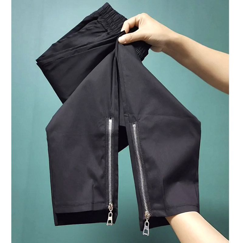 2023年夏季拉链速干纸皮裤女薄料弹力打底裤松紧腰空调八分面膜裤