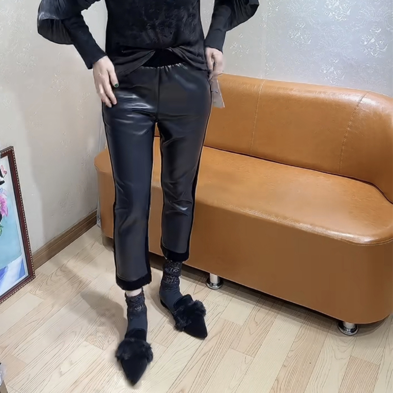 欧货松紧高腰丝绒拼接PU皮直筒裤女弹力显瘦百搭九分休闲烟管裤子