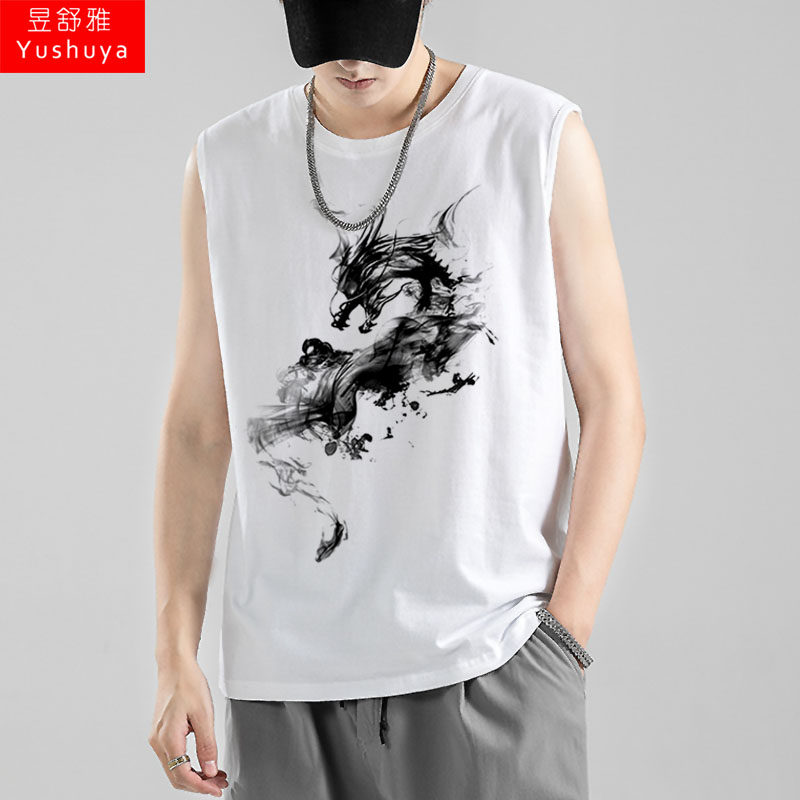 中国风水墨风龙图腾飞无袖t恤衫男士夏季凉快衣服纯棉背心可定制