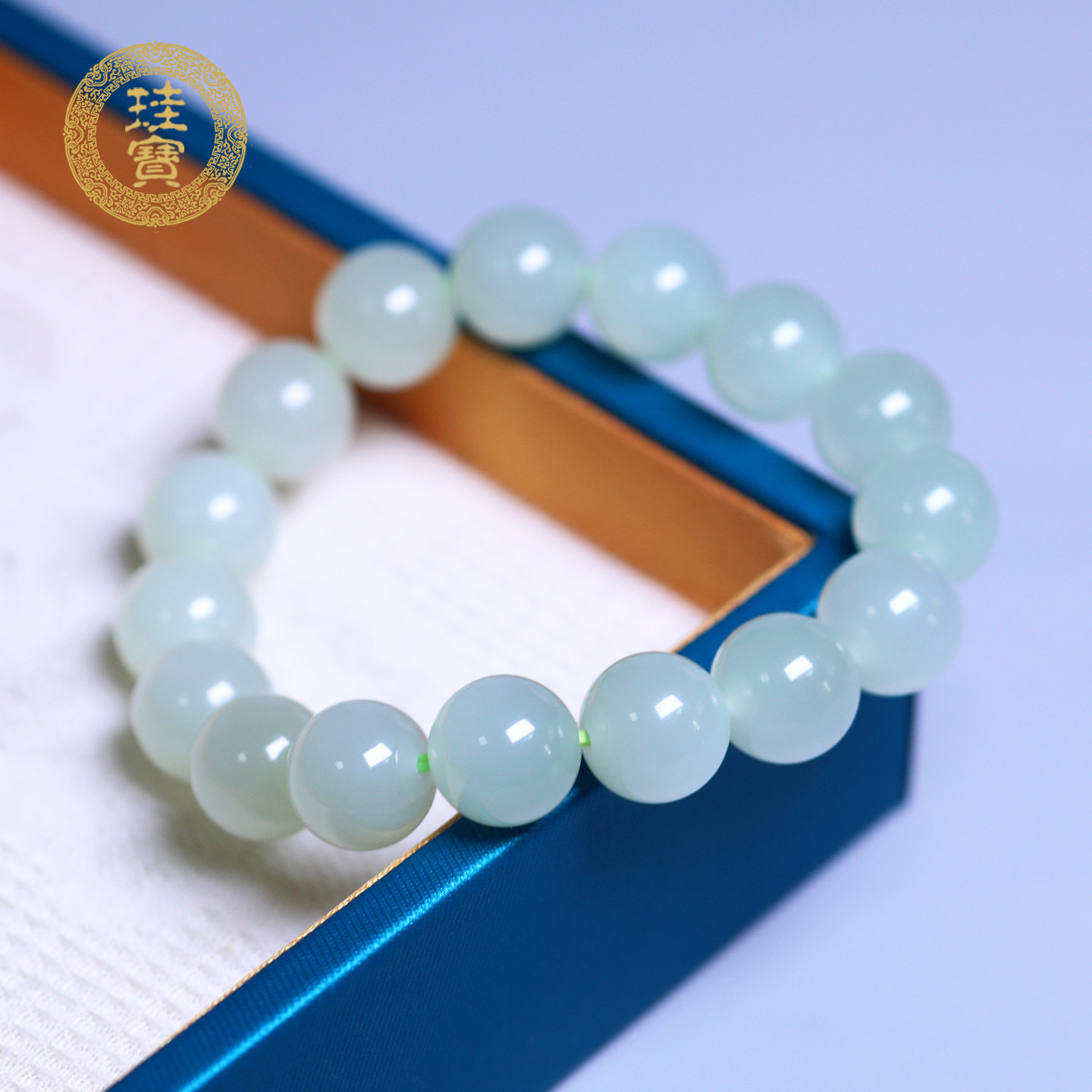 珪宝和田玉青白玉手串直径约12mm圆珠手链男女款天然玉石手饰礼物