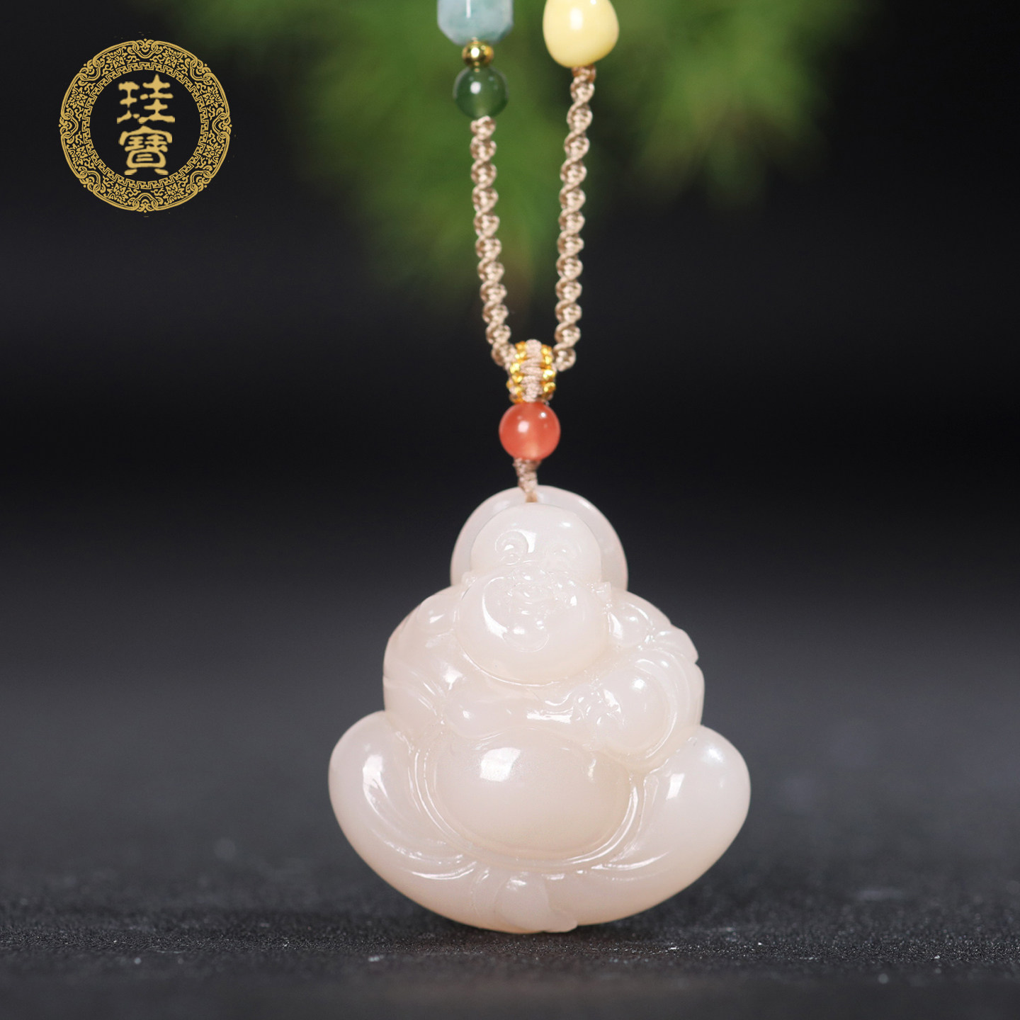 珪宝和田玉藕粉弥勒佛吊坠女款大肚笑佛挂件天然玉石玉项链带证书