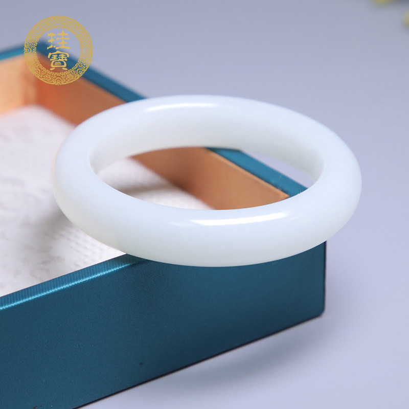 珪宝和田玉羊脂玉宽条手镯女款玉镯子福镯天然玉石带证书圈口54mm