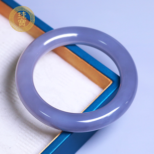 珪宝56mm和田玉冰烟紫胖圆条手镯女士美人条玉镯子天然玉石带证书