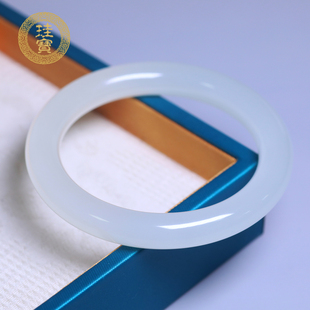 珪宝60mm和田玉白冰晴宽条手镯女款白月光玉镯子天然玉石手饰礼物