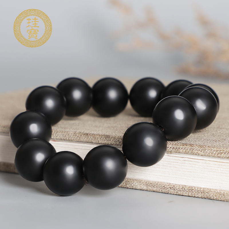 珪宝新疆和田玉墨玉圆珠手串天然玉石黑羊脂手链男女佛珠手持念珠