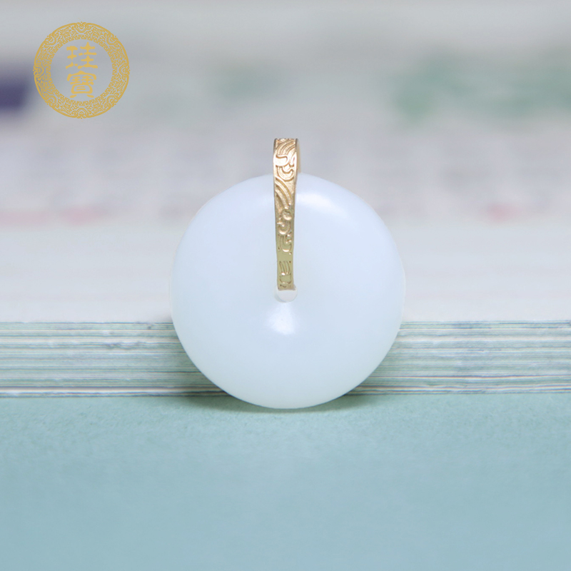 珪宝和田玉羊脂玉18K金平安扣吊坠女款古风镶嵌天然玉石玉坠项链