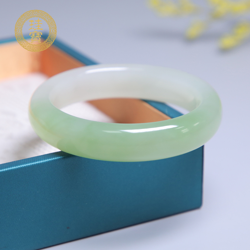 珪宝和田玉翠青色宽条手镯51.8mm