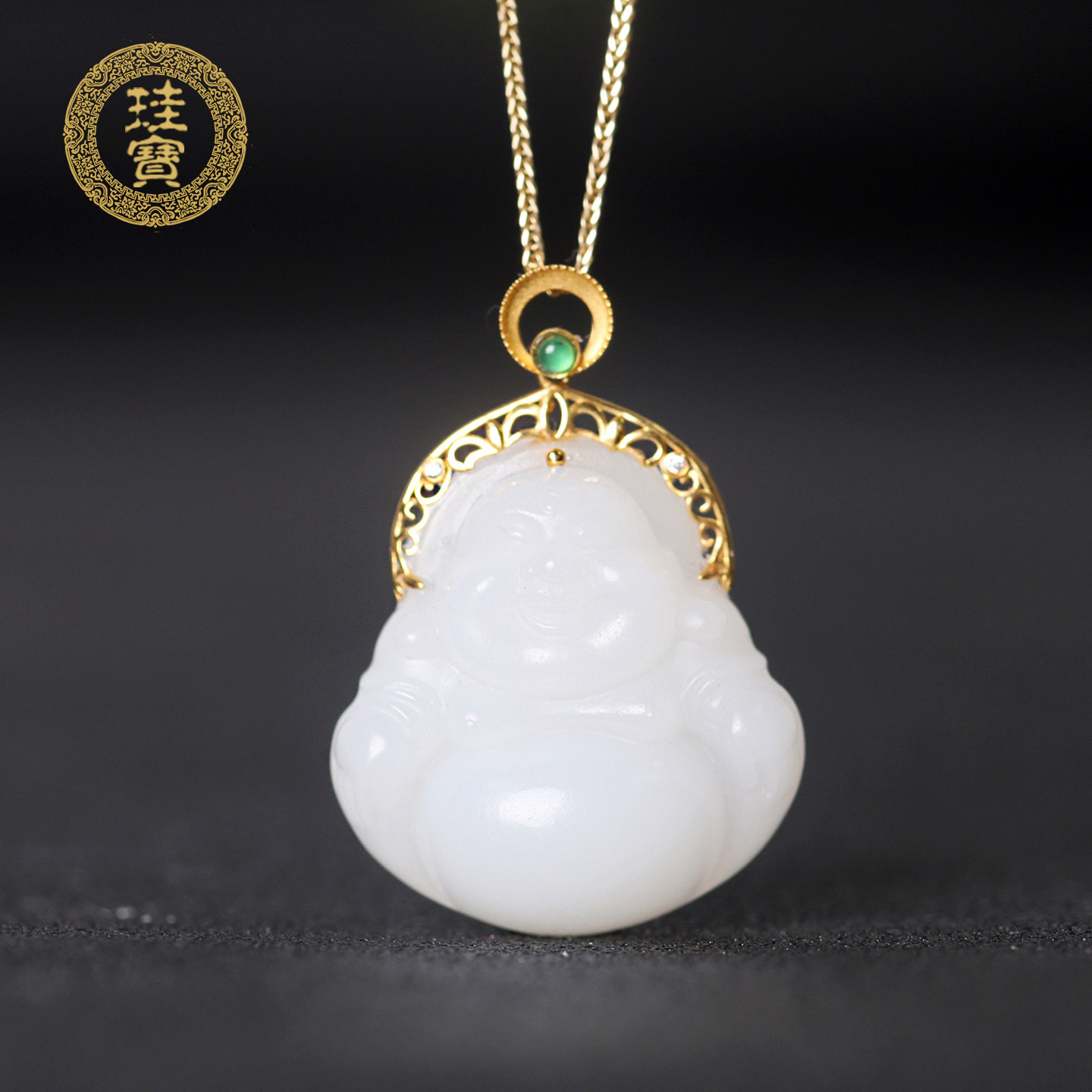 珪宝和田玉羊脂玉18K金镶笑佛吊坠女款弥勒佛挂件天然玉石玉项链