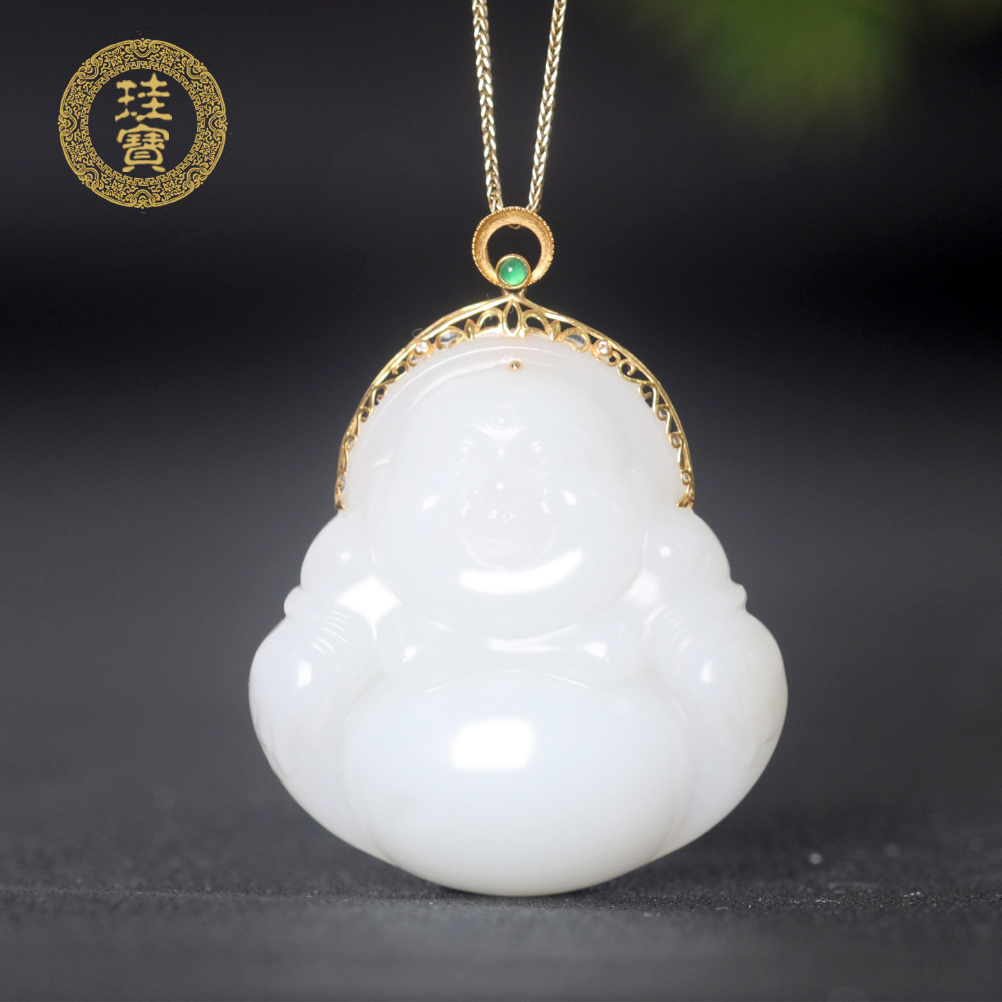 珪宝和田玉18K金镶羊脂玉弥勒佛吊坠女款笑佛挂件天然玉石玉项链