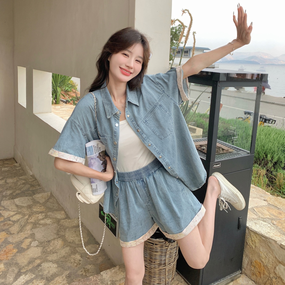 短袖牛仔衬衫套装女2025夏季新款小个子港风复古阔腿短裤两件套潮