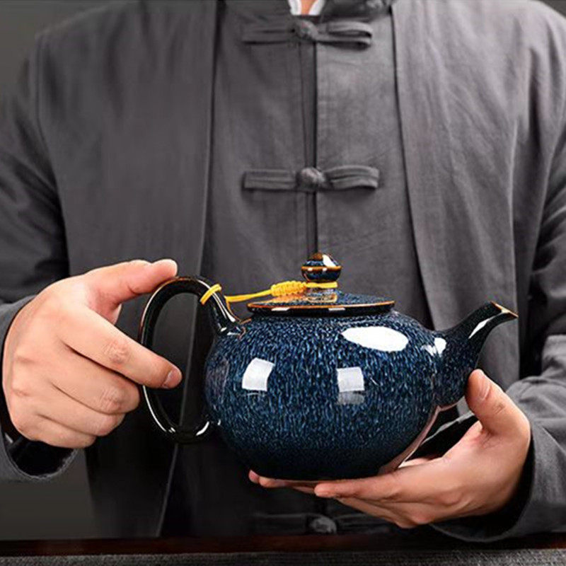 窑变建盏茶壶单个泡茶器中式茶具套装家用办公室陶瓷单壶提梁套组图片