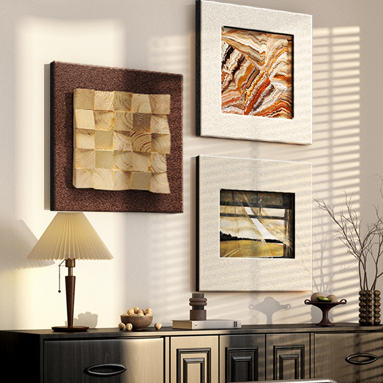 高档立体实木砂岩装饰画高级感方形入户玄关实物画侘寂风客厅挂画
