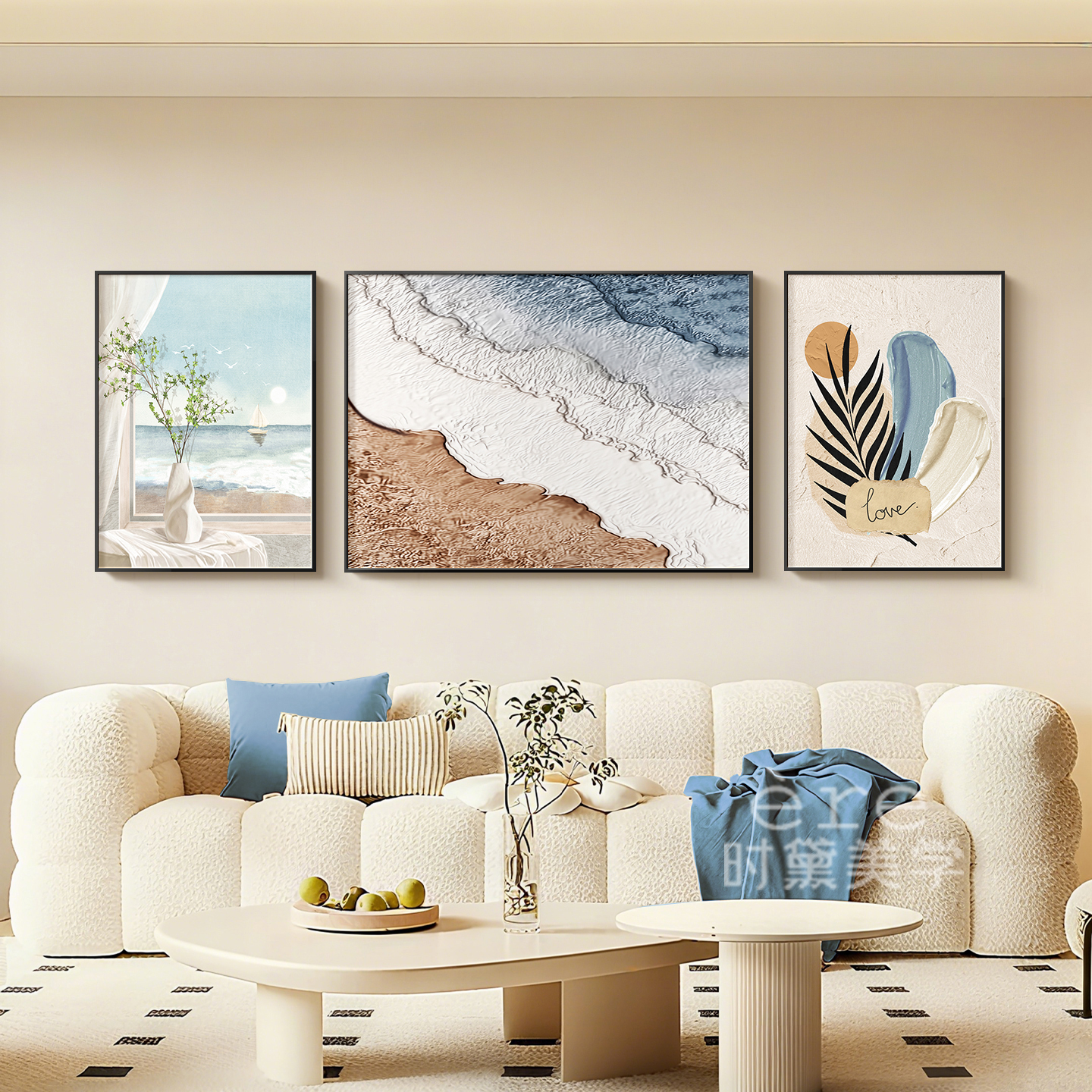 北欧风日出海岸客厅装饰画浪漫海景沙发背景墙治愈系三联组合挂画