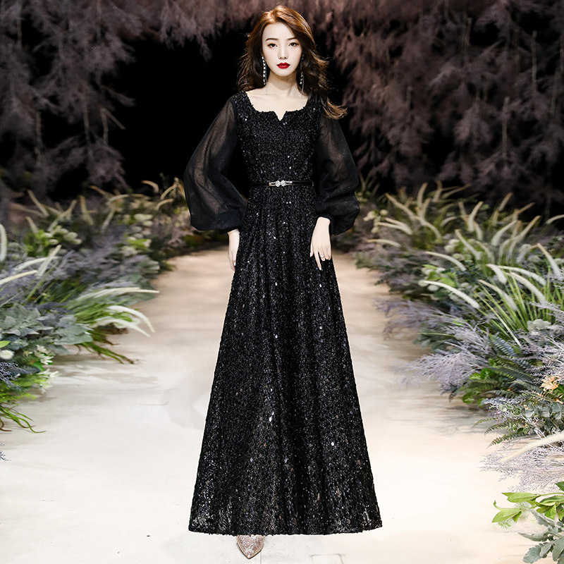 黑色晚礼服裙女2020新款长袖高端宴会气质修身长款主持人高级质感