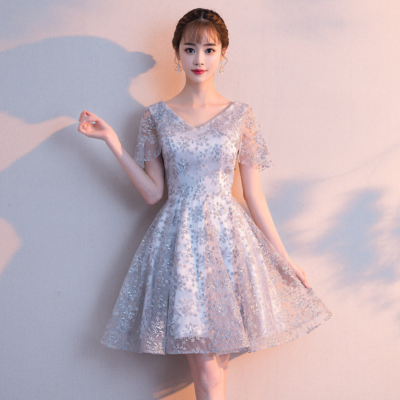 灰色晚礼服女宴会甜美气质短款名媛修身小个子伴娘连衣裙平时可穿