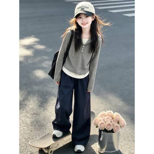 【涤纶】儿童条纹假两件帽衫新款休闲卫裤两件套女童