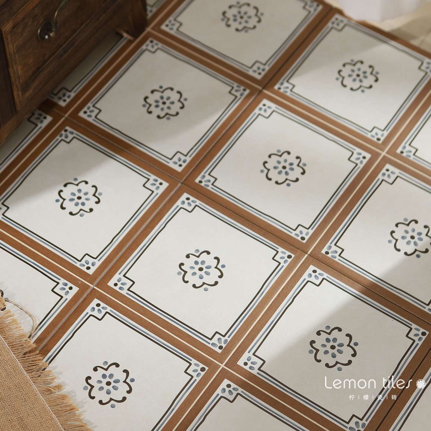 法式复古中式青花瓷木纹花砖中古风厨房浴室店铺民宿地砖400400