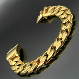 欧美粗古巴链条手链男韩版时尚潮学生不锈钢手链男黄金色霸气饰品