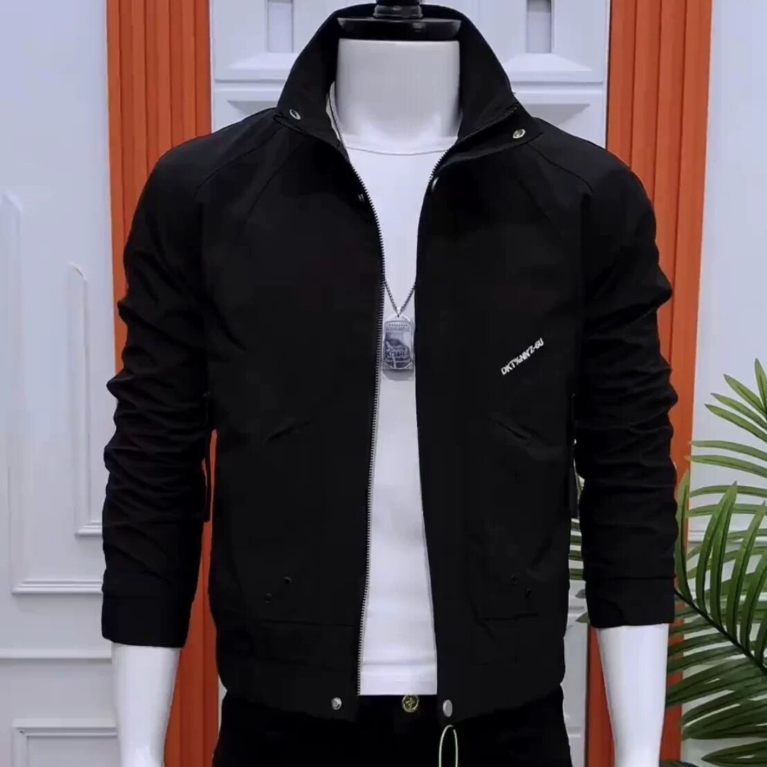 春秋新款男士纯色夹克外套时尚韩版修身帅气百搭青年立领上衣潮牌