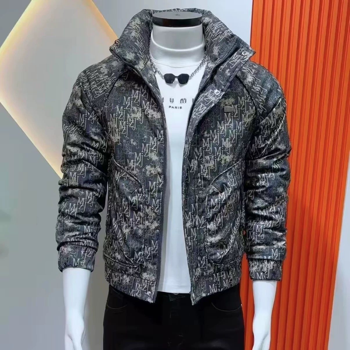 潮牌高级感字母印花立领棉衣男修身百搭时尚潮流痞帅棉袄男装棉服