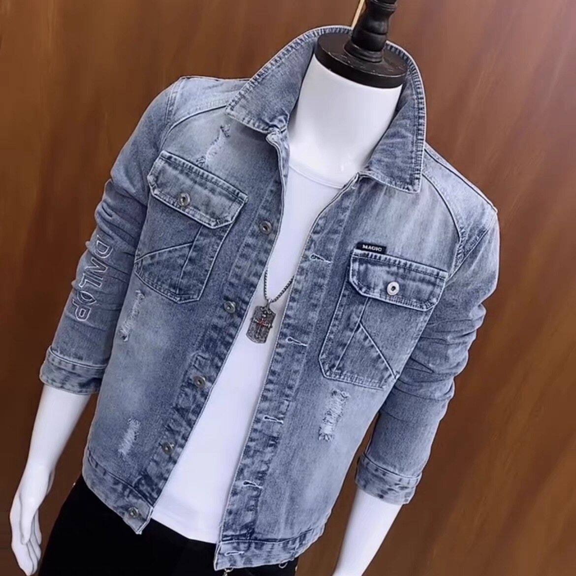 休闲破洞牛仔外套男2024春秋季新款韩版潮流修身帅气百搭刺绣夹克