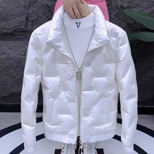 冬季新款轻薄羽绒服男士韩版字母立领短款修身保暖亮面白鸭绒外套