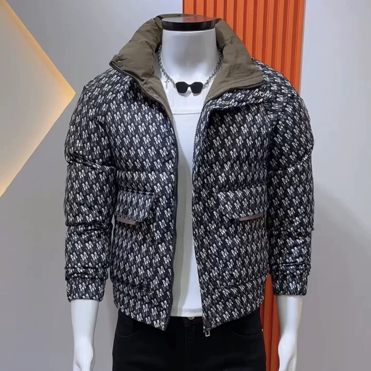 冬款棉服外套男韩版修身潮流立领字母印花潮牌棉衣男短款加厚保暖