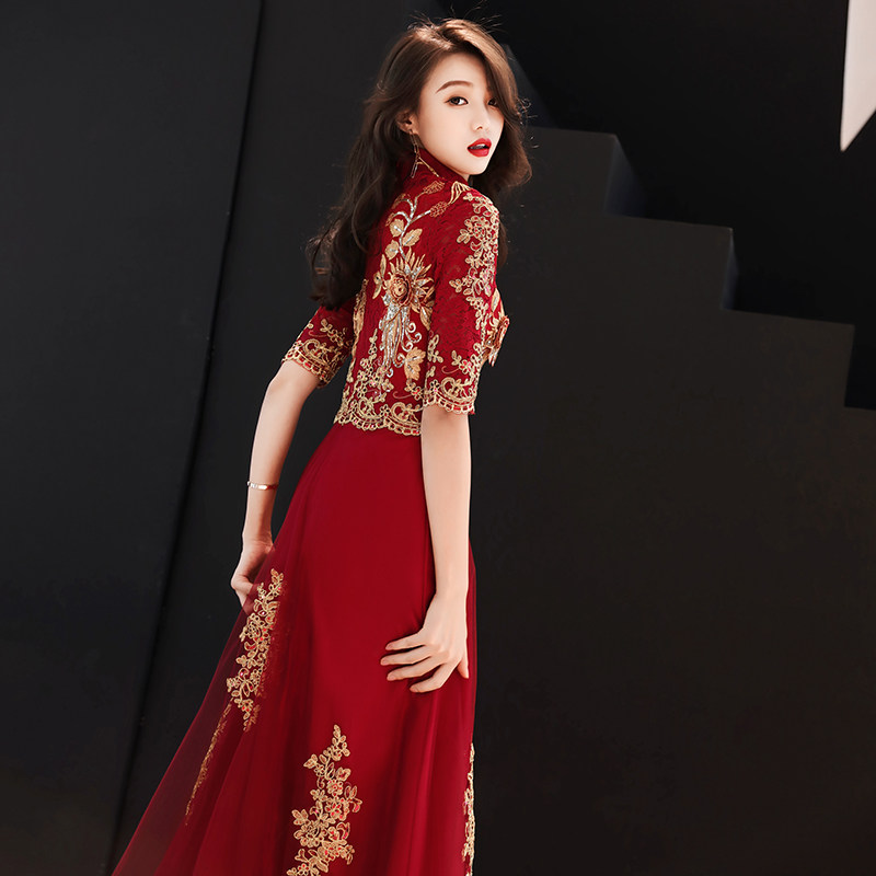 敬酒服新娘旗袍2020新款秋季长袖酒红色结婚晚礼服裙女显瘦中国风