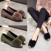 软底毛毛鞋 女韩版 平底百搭浅口单鞋 2025秋冬新款 粗跟尖头豆豆鞋 潮