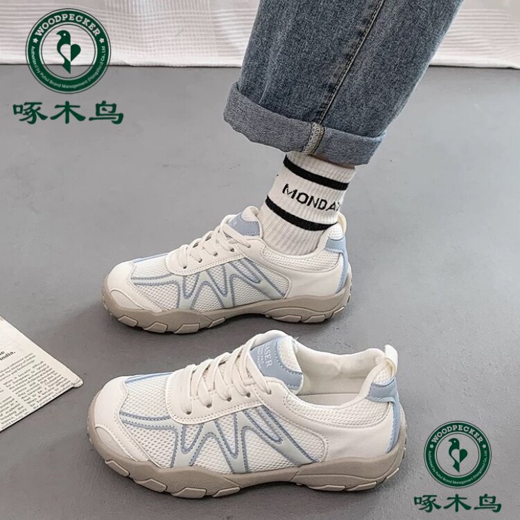 啄木鸟网面德训鞋女2025夏季新款透气百搭阿甘鞋薄款厚底运动板鞋