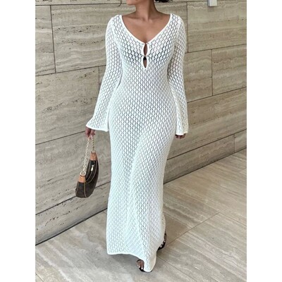 欧美V领镂空纯色收腰连衣裙